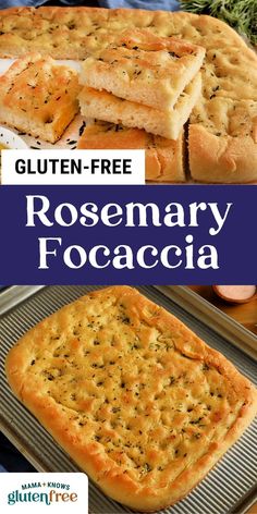 the recipe for rosemary focaccia is shown in this collage