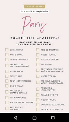 the paris bucket list is shown in pink and gold