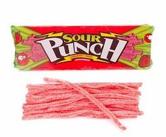 the candy bar is pink and has sour punch on it