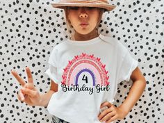 It's 4th birthday time and you need to let the world know about your amazing kid! Let your daughter wear this 4th birthday shirt in her best day of her life. This comfortable t-shirt will be your and your friends' favorite! Be simple, be different! M A T E R I A L S → All our simple color ones like White and Black are 100% Cotton. → All our Heathered Colors are cotton/polyester blend and they are super comfy soft! → Bella-Canvas Unisex Jersey Short Sleeve Crew-Neck Unisex T-Shirt → Soft and High Girls 9th Birthday, 6th Birthday Girls, Custom Birthday Shirts, Personalized Birthday Shirts, Girl 2nd Birthday, Birthday Girl Shirt, Birthday Party Shirt, Birthday Tee, Rainbow Birthday