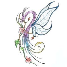 a drawing of a bird with wings and flowers