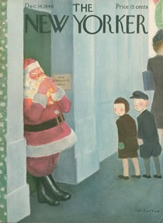 an old time magazine cover with a santa clause standing in front of two children looking at him