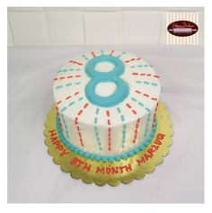 a birthday cake with the number eight on it