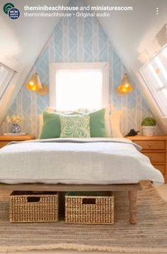 a bed sitting in the middle of a bedroom next to two baskets on top of it