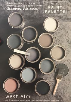 an advertisement for the west elm paint palettes, featuring various shades of gray and white