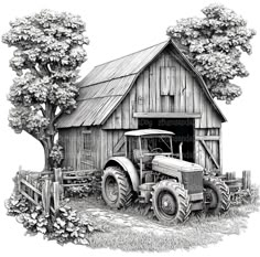 a drawing of an old farm tractor parked in front of a barn with a tree next to it