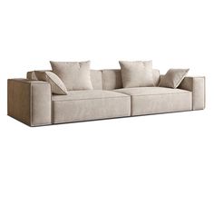 a beige couch with pillows on the back and side ends, sitting against a white background