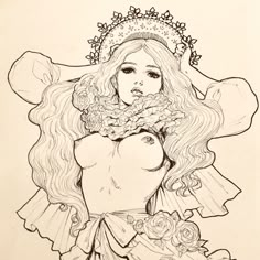 a drawing of a woman with long hair and flowers on her head, wearing a hat