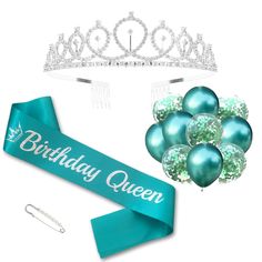 a tiara, balloons and ribbon for a birthday queen