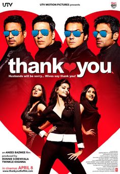 the poster for thank you, starring actors in sunglasses and black clothing with red heart