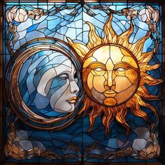 the sun and moon are depicted in this stained glass window