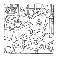 a black and white drawing of a cat sitting on a chair in front of a table