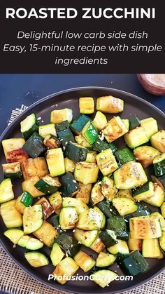 roasted zucchini in a skillet with text overlay