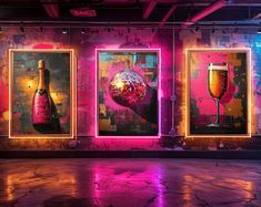 three framed images with wine glasses and disco ball in front of them on the wall