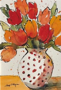 a painting of red and yellow flowers in a vase with watercolors on paper