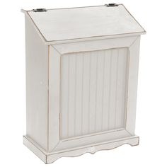 a white wooden cabinet with metal handles on the top and bottom, isolated against a white background