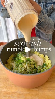 someone pouring something into a pot with vegetables in it and the words go fish rumbleethumps