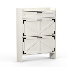 a white cabinet with two doors and black handles