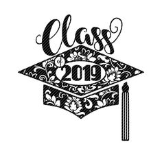 a graduation cap with the word class on it in black and white, surrounded by flowers