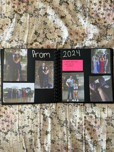 a book with pictures of people on it and the words prom written in pink ink