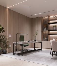 an office with two chairs and a desk in the middle is lit by recessed lighting