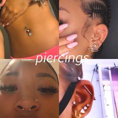 there are pictures of different piercings on the woman's body and behind her ear