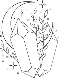 a drawing of a diamond with leaves and stars around it, on top of the moon