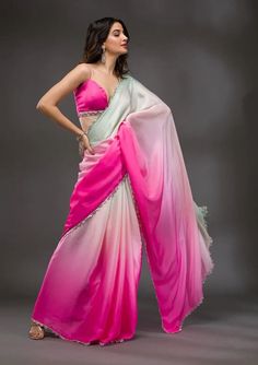 Pink Satin Saree, Pink Colour Combination, Summer Saree, Bride Things, Indian Wedding Saree, Saree Indian Wedding, Rani Pink, Saree Party Wear, Anarkali Lehenga