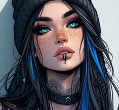 a drawing of a woman with blue hair and piercings wearing a beanie hat