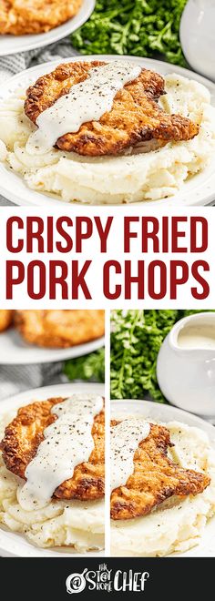 crispy fried pork chops on top of mashed potatoes