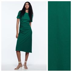 Nwt. Zara Green Gather Detail Midi Dress With Round Neckline, Short Sleeves, Side Gather Detail. Size L. Ref. 4424/005. Pit To Pit 16,5" Flat, Shoulders 15", Sleeves 8", Waist 13", Length 48". E Green Stretch Midi-length Dress, Green Stretch Midi Dress, Green Stretch Sheath Midi Dress, Green Sheath Midi Dress With Stretch, Fitted Green Zara Maxi Dress, Zara Green Short Sleeve Maxi Dress, Fitted Green Maxi Dress By Zara, Green Stretch Dress By Zara, Green Stretch Midi Dress For Work