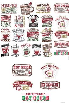 various hot cocoa labels and stickers on a white background, including coffee mugs