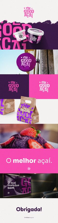 an advertisement for some sort of food that is pink and purple with the words,