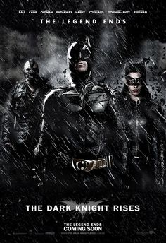 the dark knight rises movie poster with batman, catwoman and robin in the rain