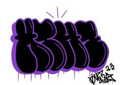 a bunch of graffiti written on the side of a wall in purple and black colors