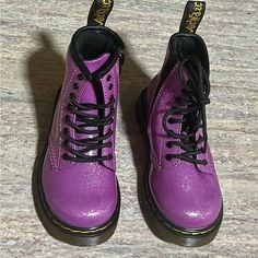 Size 8. No Box. Brand New Without Box. In Excellent Condition No Rip Or Tear. My Daughter Wrote An Inventory Number Under One Of The Boots Casual Glitter Boots With Round Toe, Glitter Boots With Round Toe, Trendy Glitter Boots With Round Toe, Dr Martens Shoes, Martens Shoes, Dr. Martens, My Daughter, Kids Shoes, Violet