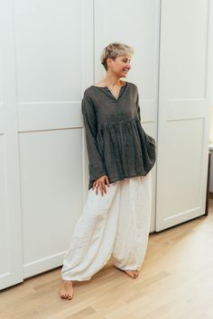 "Airy, light oversized linen shirt for hot summer days.  Made from pure light weight gauzy linen with great attention to details.  This boho cropped top will be ideal for layering and will look fantastic both with skirt as well as trousers. One size fits most.   The shirt measures 29\" [74cm] across bust. Front length 21.6\" [55cm] Rear length 27.15\" [69cm] Custom sized orders are also possible. Each piece is individually cut, sawn and pre-washed.  The more you'll wear and wash it the more the Casual Ramie Tops For Daywear, Plus Size Cropped, Oversized Linen Shirt, Linen Crop Top, Boho Crop Tops, Shirt Linen, Linen Crops, Cropped Shirt, Womens Shirt