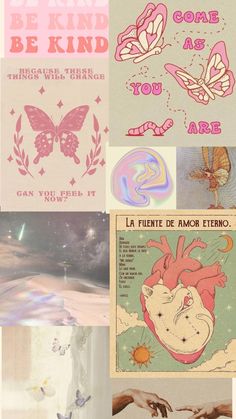 the collage shows different types of artwork and words in pink, blue, green, white