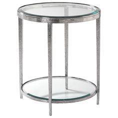 a round glass table with metal legs and a shelf on one side that has a circular glass top