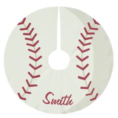 a white baseball with red stitches and name on the bottom that says,'smith '