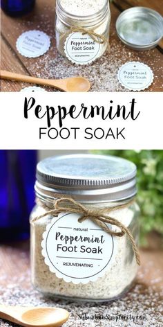 a jar filled with peppermint foot soak sitting on top of a wooden table