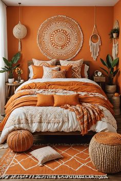 an orange and white bedroom with pillows, blankets, rugs and other items on the floor