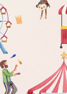 a drawing of a man standing in front of a circus tent with a monkey hanging from the ceiling