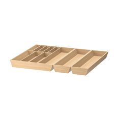 three wooden trays with dividers on each side