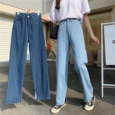 Striped Trousers, Striped Denim, Long Jeans, Vertical Stripes, Striped Pants, Denim Pant, Height And Weight, Jean Outfits, Workout Pants