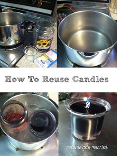 how to reuse candles in pots and pans on the stove top, next to an electric burner