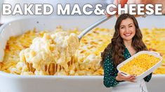 a woman holding a casserole dish in front of her face with the words baked mac and cheese on it