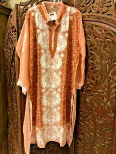 Boho Tunic Dress Sheer Georgette Chikankari Peach White Embroidered Cover Up 2X #Gypsy #KaftanShirtDress White Chikankari Kurta, Umbrella Dress, Chikankari Kurta, Boho Tunic Dress