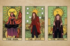 three tarot cards depicting the sun, the star and the moon