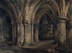 a painting of an old building with pillars and arches in the middle of it,